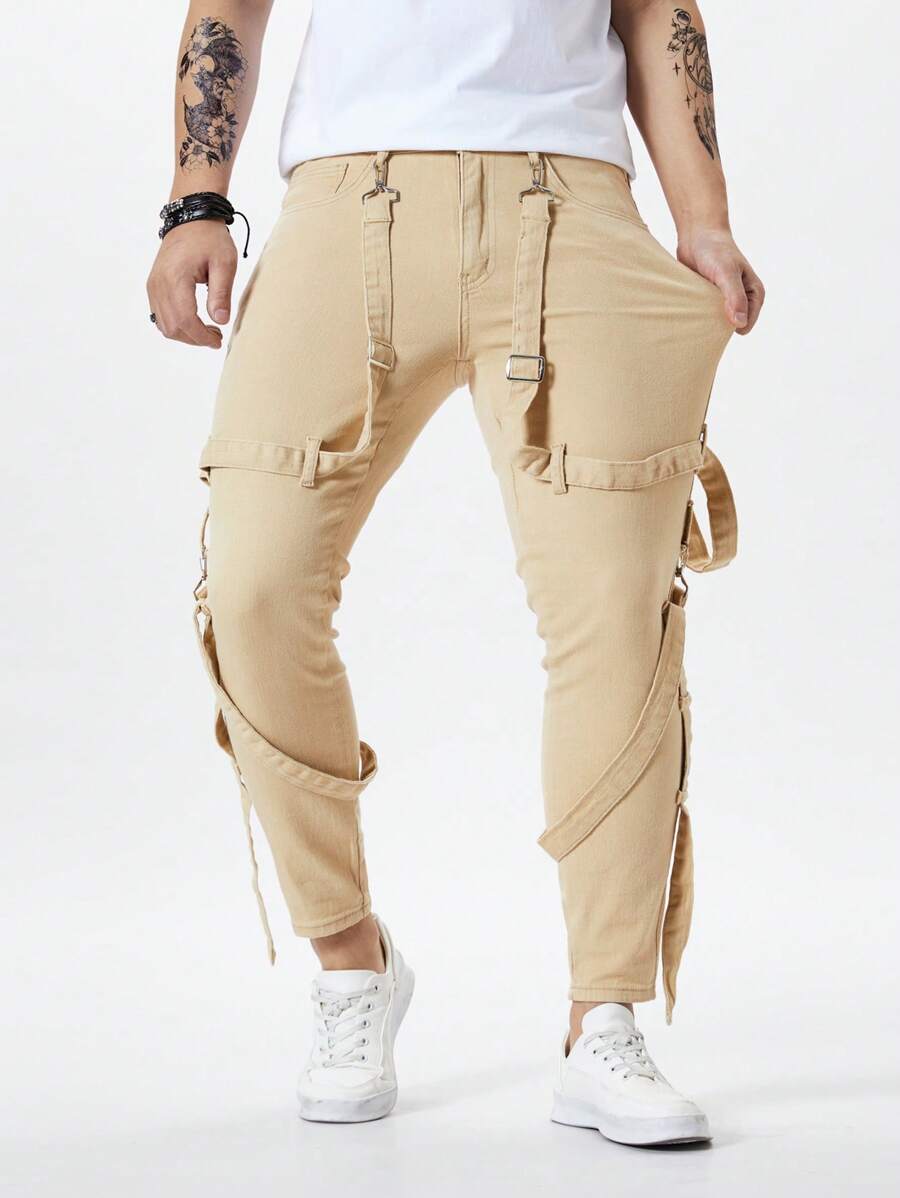 Manfinity Homme Jeans personalizados de hombre con estilo urbano, unicolor, bolsillo decorado con hebilla metálica y detalle de cordón - Caqui - Ver 1