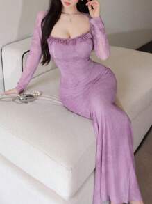 Modelyn Women's Mesh Contrast Lace Trim Fitted Elegant Sexy Dress - Purple - View 1