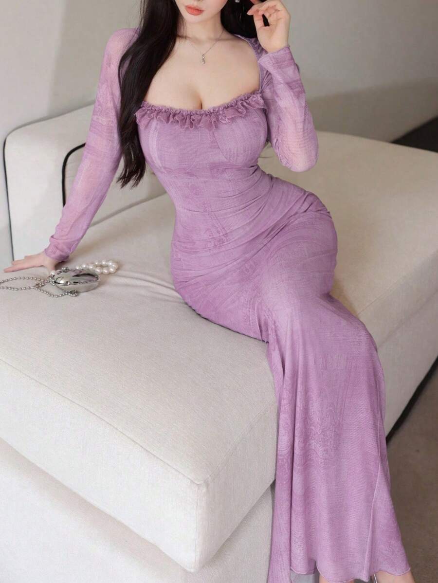 Modelyn Women's Mesh Contrast Lace Trim Fitted Elegant Sexy Dress - Purple - View 1