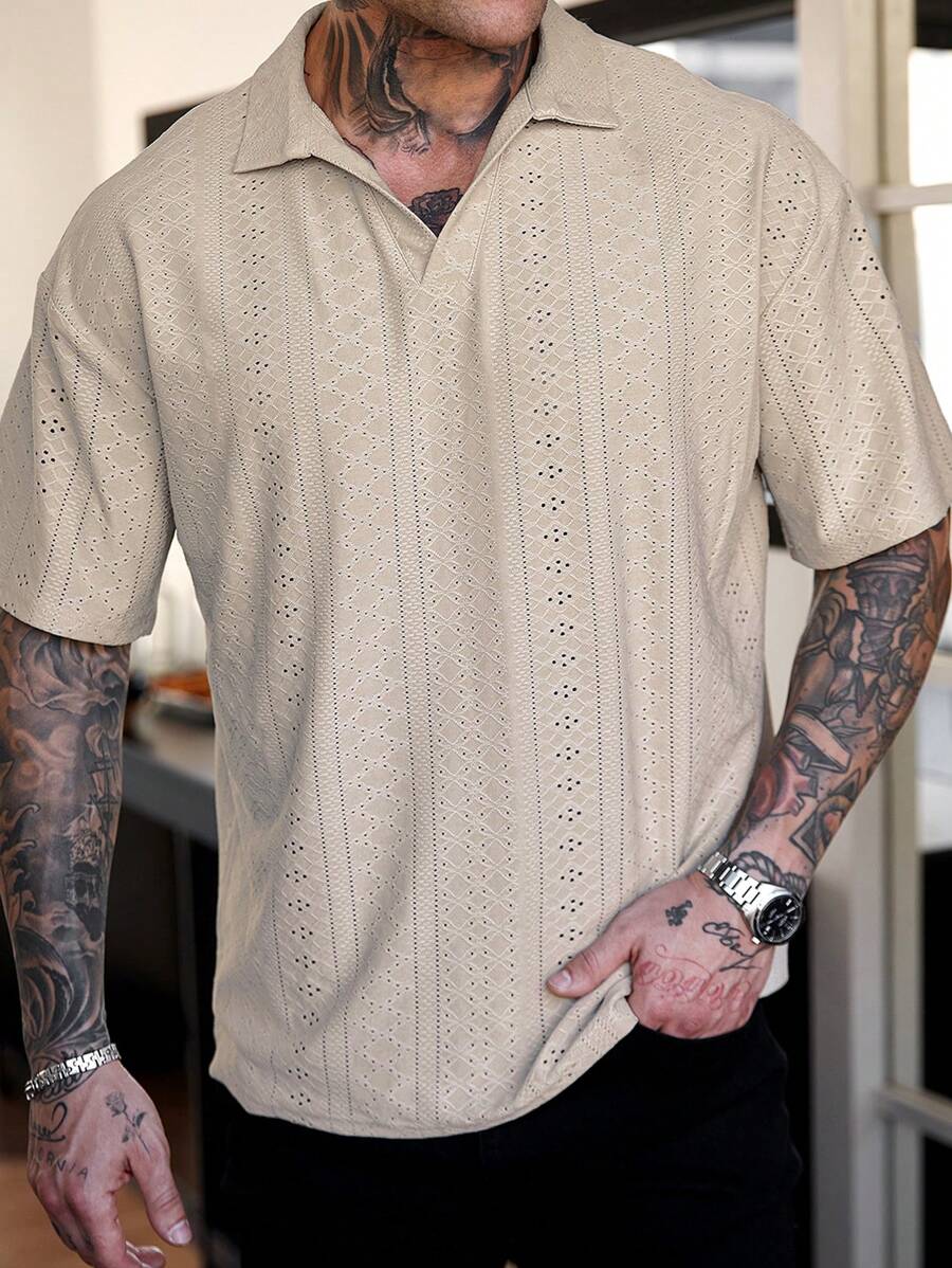 Manfinity Homme Áo thun polo nam tay ngắn vải họa tiết thường ngày đi làm - Màu be - Xem 1