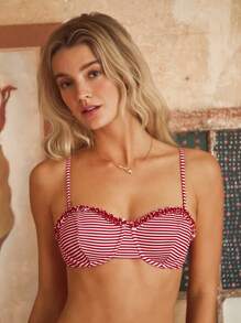 SHEIN Swim Mod Conjunto de traje de baño elegante de vacaciones para mujer con contraste de color a rayas rojas y blancas con lunares y tirantes desmontables acolchados