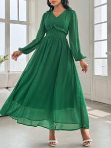 Modelyn Women's High-End Luxurious Chiffon Green Long Sleeve Ruffle Hem Dress - Green - View 5