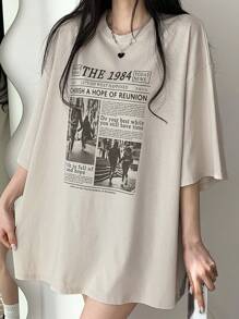 DAZY Women Casual Loose Newspaper Print Drop Shoulder T-Shirt Graphic Tee Oversized T-Shirt
