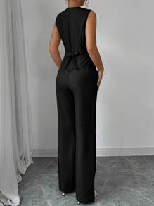 Elenzga Elegante Mode Damen Freizeitanzug mit ärmellosem V-Ausschnitt, taillierten Taille und geradem Bein, bestehend aus Weste und Hose