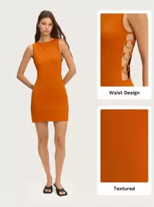 SHEIN Unity Mini Dress Slevee Less Square Neckline. Cut Out Waist Detail With Gold Rings On The Side. Perfect For Spring Summer Nights - Beige - View 1