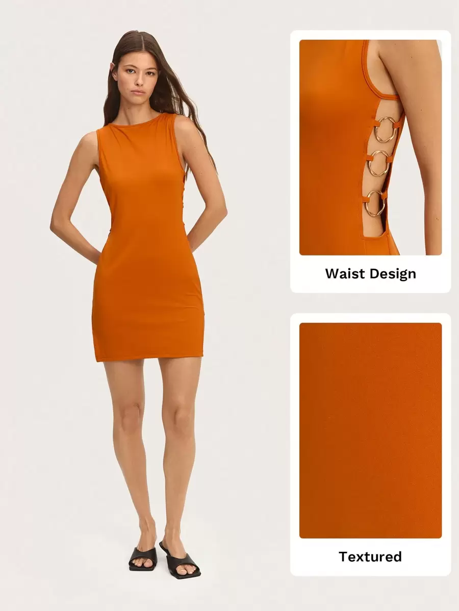 SHEIN Unity Mini Dress Slevee Less Square Neckline. Cut Out Waist Detail With Gold Rings On The Side. Perfect For Spring Summer Nights - Beige - View 1