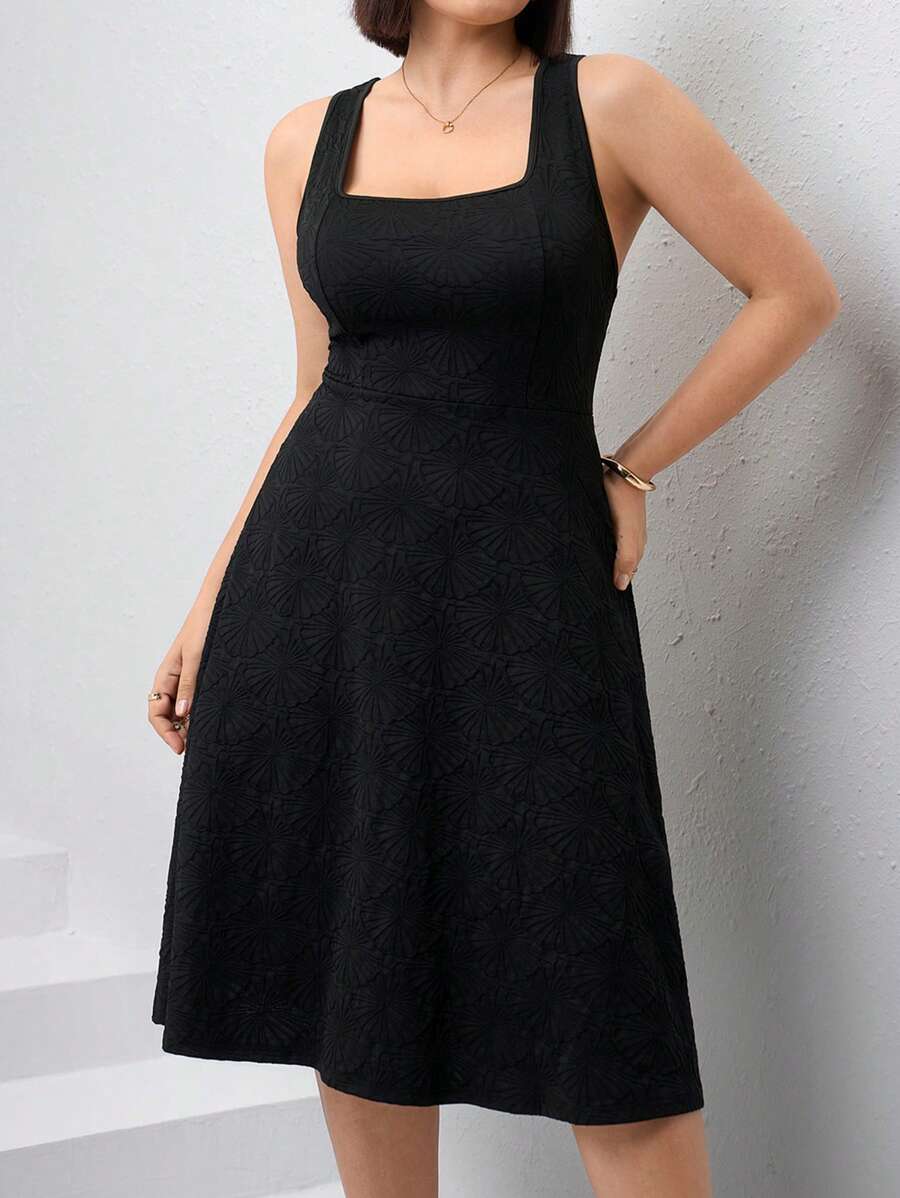 Chikora Plus Size Square Neck A-Line Jacquard Knit Elegant Dress Women Elegant Dresses Spring/Summer Outfits For Women Rave Outfits Festival Easter Women Outfit Easter Women Outfit - Black - View 1