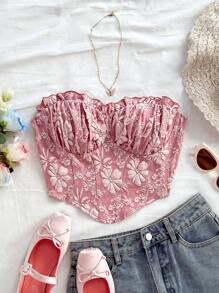 Soleia 女士度假纹理提花露肩短款上衣，荷叶边下摆，合身廓形，适合派对、约会、情人节、下午茶 - 粉色 - 查看 7