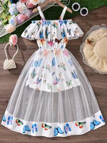 Mono con volantes y estampado de mariposas de colores para niñas preadolescentes, estilo de resort de primavera/verano