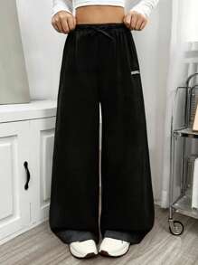 Tween Girls' Simple Letter Embroidered Casual Wide Leg Pants - Black - View 1
