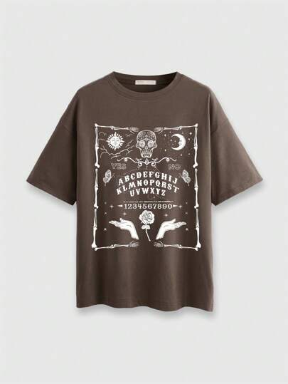 Goth Camiseta holgada de cuello redondo con estampado gótico vintage para mujer, color marrón