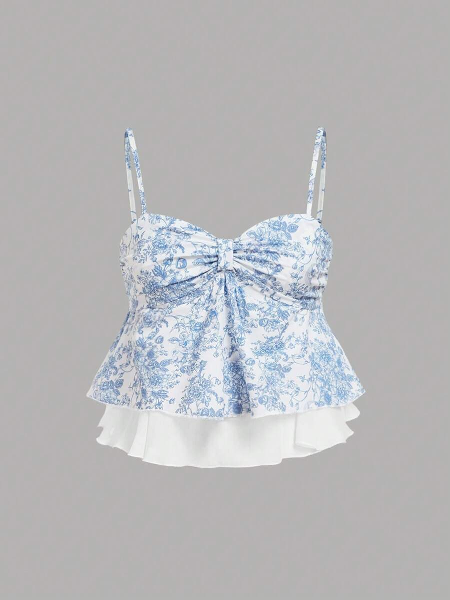 SHEIN MOD Áo hai dây in họa tiết xanh trắng dành cho nữ, kiểu áo rộng rãi thoải mái. - Xanh và trắng - Xem 1