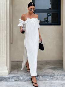 Siren Gaze Robe blanche, robe élégante à épaules dénudées et fente latérale de couleur unie pour dame - Blanc - Voir 6