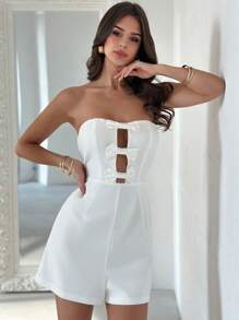 Firerie Combinaison blanche élégante, minimaliste, sexy, raffinée, romantique, douce pour usage quotidien, mariage, vacances, avec nœud papillon, taille ajourée, plissée, sans bretelles. Printemps/Été - Blanc - Voir 3