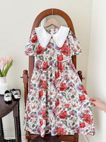 SHEIN Leap Crew Tween Girls' Color Block Peter Pan Collar Puff Sleeve Floral Print Long Dress - Apricot - View 2