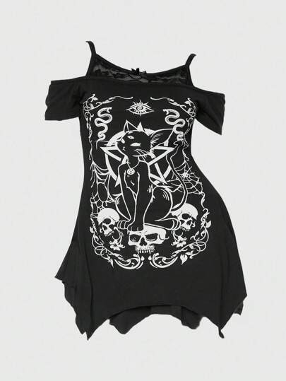 ROMWE Goth Gyaru 风格夏季海滩节女式狂欢街头服饰，哥特风格猫星骷髅印花不对称下摆露肩蕾丝吊带背心宽松大码 T 恤