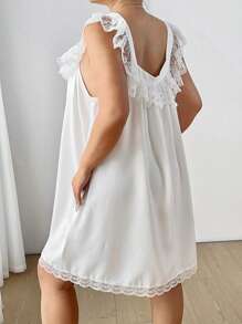 Flirla Plus Size Women's Bowknot Colorblock Ruffled Lace Hem Loose Dress - White - View 2