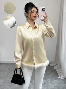 Elenzga Women's Fuzzy Splice Office Shirt - Gold - View 1