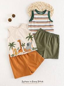 Cozy Pixies 4pcs Baby Boy Cartoon Animal Print Soft Knitted Crew Neck Sleeveless Tank Top & Elastic Waist Shorts Set