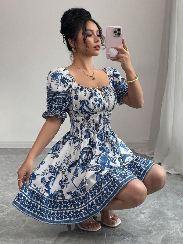 Rafferiza Vestido de Gola Quadrada com Abertura nas Costas e Cintura Marcada, Manga Tipo Lanterna, Estampa Floral, para Férias ou Uso Diário