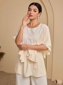 Seusyu Women's Lace Insert Round Neck Batwing Sleeve Belt Blouse - Multicolor - View 7