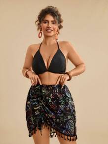 Travachic Plus Size Vacation Casual Tropical Beach Pleated Fringe Paisley Print Elastic Knit Mesh Cover Up Skirt, Summer Country Concert, Sarong