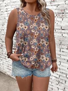 SHEIN LUNE Plus Size Retro Floral Pattern Round Neck Tank Top, Casual For Summer - Purple - View 4