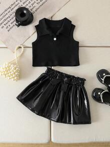 2 件套女婴幼儿 0-3 岁春夏时尚街头服饰罗纹针织无袖 Polo 衫和蝴蝶结裙 2 件套服装，黑色