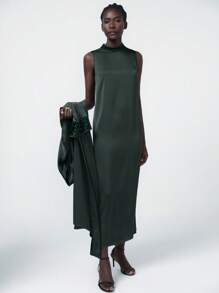 Aveloria Modichic 优质缎面闪光饰边高领无袖连衣裙，带拼接亮片长袖阿巴雅阿拉伯服装套装，深栗红色 - 墨綠色 - 查看 5