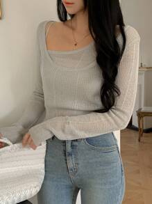 DAZY 2pcs/Set Women Asymmetrical Design Camisole And Sweater, Girlish Look Fall - Light Grey - View 2