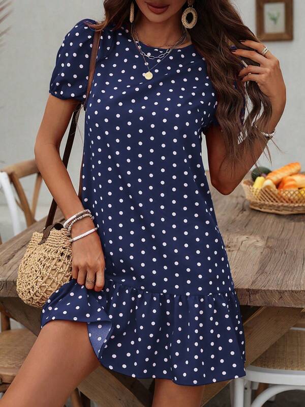 EMERY ROSE Polka Dot Print Bubble Sleeve Dress With Ruffled Hem For New Year Clothes