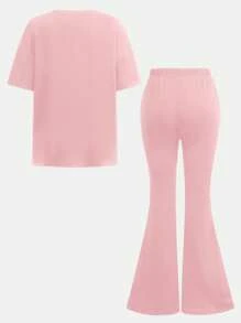 SHEIN Leap Crew 2pcs Tween Girls Casual Simple Letter & Cherry Print Short Sleeve T-Shirt And Long Pants Set, Suitable For Summer - Pink - View 2