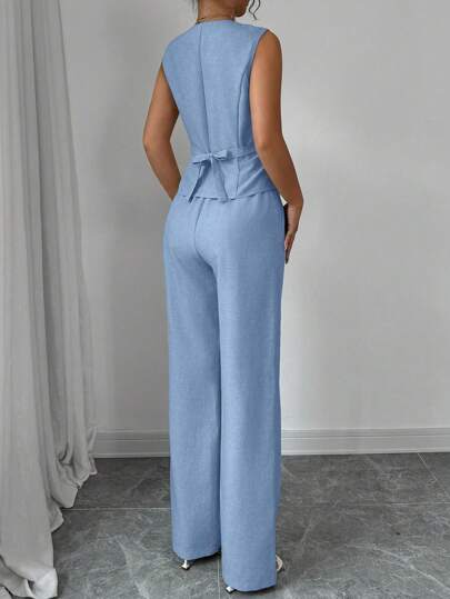 Selianne Women's Elegant And Fashionable Commuting Casual Sleeveless V-Neck Waist Tied Back Vest & Straight Leg Pants Suit, Solid Color