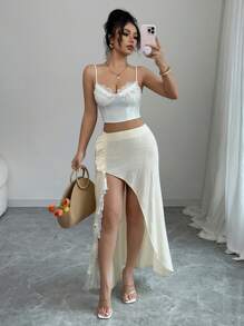 Elenzga 杏色皱褶荷叶边下摆优雅浪漫女式半身裙 - 杏色 - 查看 5