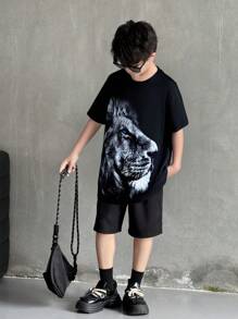 SHEIN Tween Boy Casual 3D Print Round Neck Pullover T-Shirt - Black - View 1