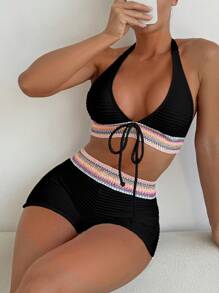 SHEIN Swim 2 件套女士春假音乐节度假休闲吊带后系带海滩比基尼泳装 - 黑色 - 查看 2