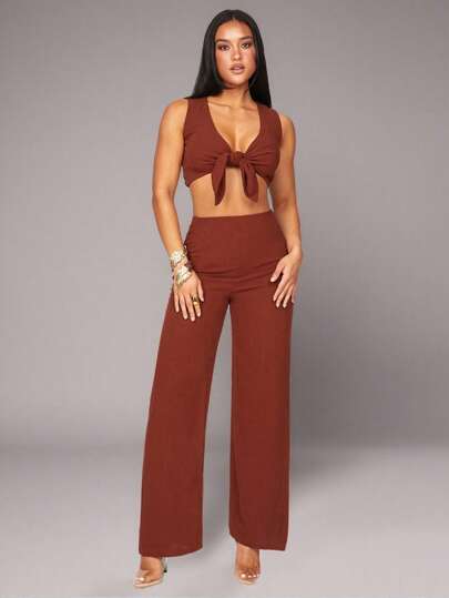 Silquee Women's Elegant Casual Solid Color Red Brown Linen Tie Front Bow Vest And Pants Set For Daily Wear And Vacation, Women's Summer Outfits, Vacation Outfits For Women, Festival Outfits, Linen Two Pieces Set, Women's Fashionable Wrap Tie Camisole Suit + Pants, The Fabric Is Comfortable And Soft, Daily Wear, Vacation, Beach Vacation, Cabin Vacation