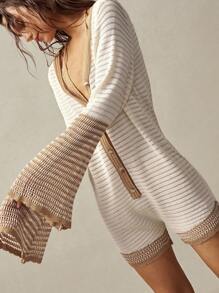 Bohemela BOHO Women's Vacation Casual Contrast Color Stripe Flare Sleeve Knit Jumpsuit