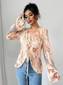 Calvaya Women's Spring Autumn Pleated Tie-Dye Fabric Front Tie Fashion Blouse Women Shirt,Long Sleeve Tops
