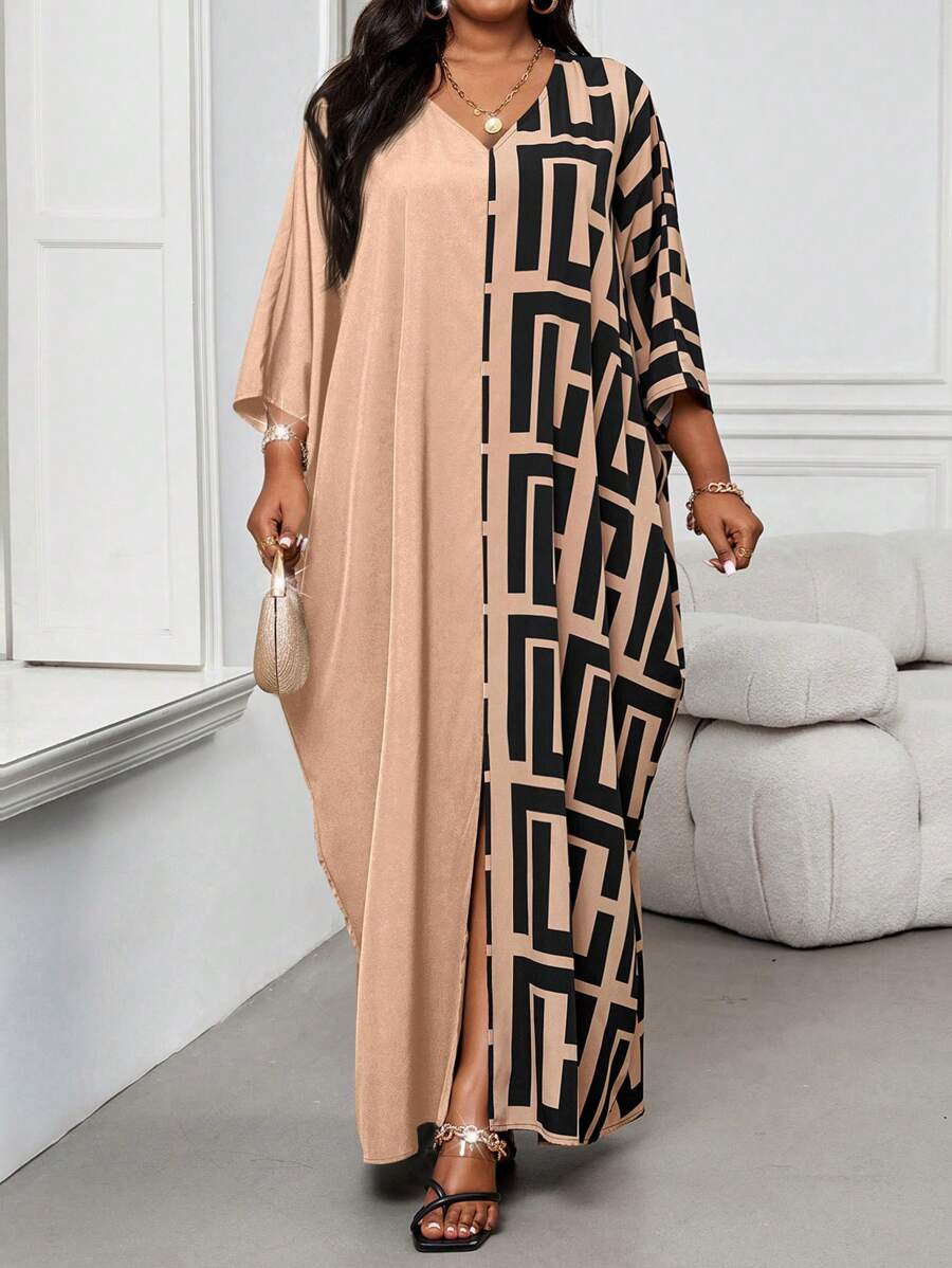 SHEIN Lady Plus Size V-Neck Long Sleeve Solid Color Patchwork Loose Casual Dress Robe Halloween Clothes Halloween Clothes - Khaki - View 1