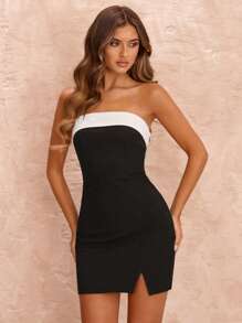 SHEIN BAE 纯色黑白露背蝴蝶结紧身露肩迷你连衣裙，夏季优雅连衣裙 - 黑色 - 查看 5