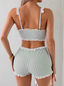 2 件套女士绿色格子随机花卉印花蝴蝶结领荷叶边下摆上衣和短裤套装，可爱简约背心比基尼套装，适合日常穿着 - 彩色 - 查看 2