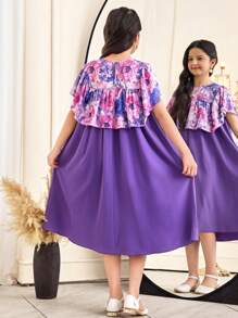 SHEIN Vestido de niña preadolescente con estampado floral elegante, cuello de volantes en color contrastante y parches - Morado - Ver 2