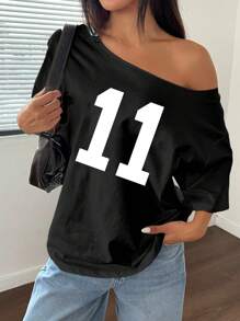 Flirla Camiseta blanca de talla grande con hombros oblicuos y ajuste holgado Nº 11, camisetas gráficas de primavera para mujer