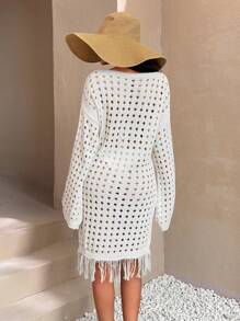 RueChic Women's Solid Color Open Knit Dolman Sleeve Maxi Summer Dress - Cream - View 2