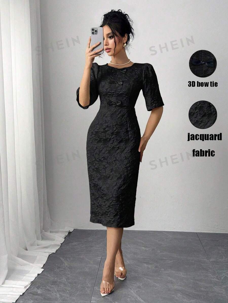 Chiquease Vestido elegante de longitud media con cuello redondo, mangas cortas abullonadas, decoración de lazos y estampado floral jacquard para mujer