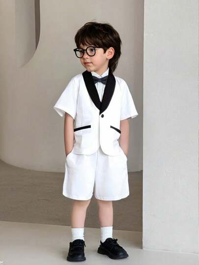 SHEIN Leap Crew 2pcs/Set Young Boy's Academy Style Elegant Party Cute Color Blocking White Blazer And Elastic Waist Pants Set, Suitable For Birthday Party, Evening Event, Performance, Wedding, Baby Shower, Christening