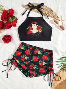 Frida Kahlo X SHEIN 女士花卉印花比基尼套装，适合夏季度假 - 黑色 - 查看 6