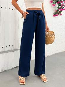 EURMUSE Women Pocket And Drawstring Detailed Straight Fit Pant - Navy Blue - View 4