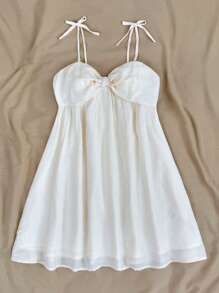 SHEIN Teen Girls Solid Color Casual Sleeveless Spaghetti Strap Dress For Spring And Summer, Bow Accent, Cute/Girly